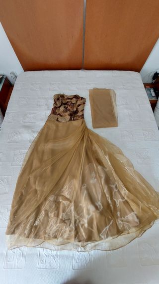 Vestido fiesta marrón-dorado