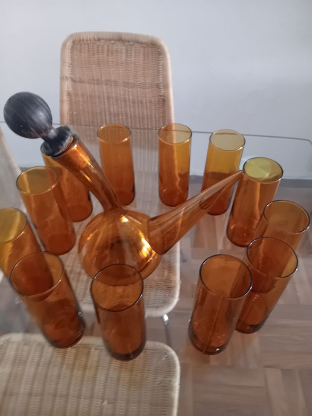Juego 12 vasos tubo + vinera ámbar
