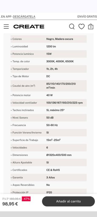 Ventilador techo Create - Negro/Madera