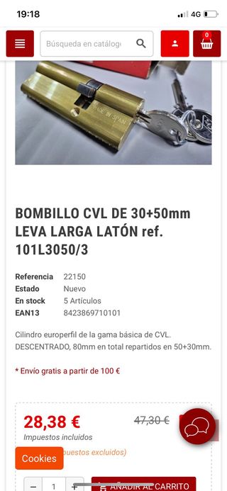 Bombín cerradura + 3 llaves