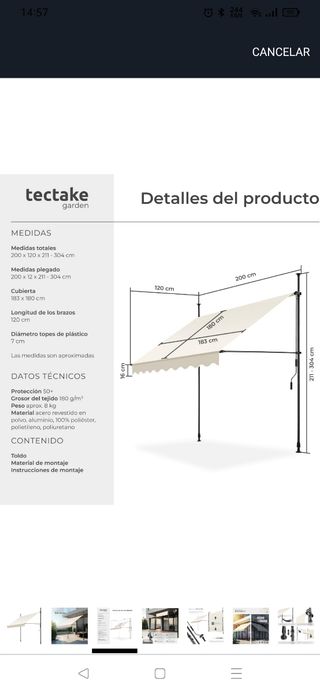 Toldo TecTake - Manual 200x180cm