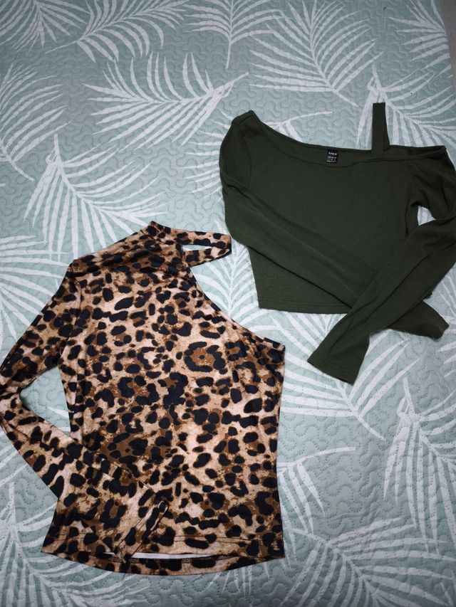 2 camisetas manga larga: leopardo & verde