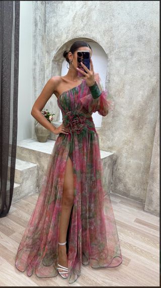Vestido noche tul plumeti rosa-verde