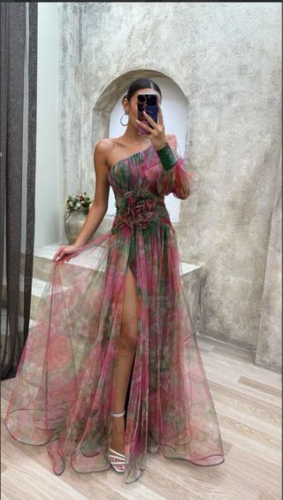 Vestido noche tul plumeti rosa-verde
