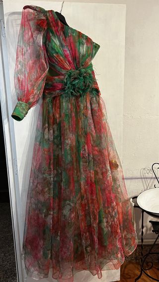 Vestido noche tul plumeti rosa-verde