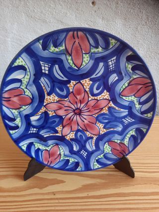 Plato Cerámica Decorativo Azul Rosa