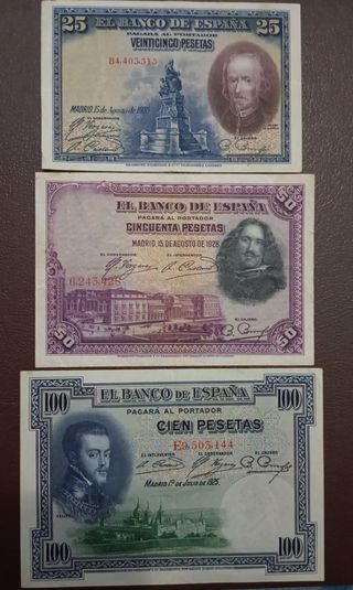 3 billetes España: 25, 50 & 100 pesetas