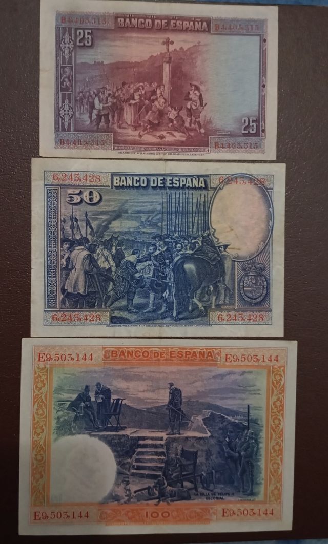 3 billetes España: 25, 50 & 100 pesetas