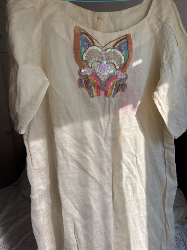 Vestido lino beige multicolor