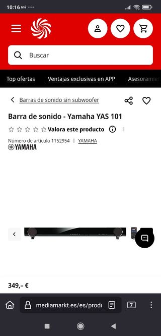 Barra sonido Yamaha YAS-101 SÓLO ENTREGA EN MANO
