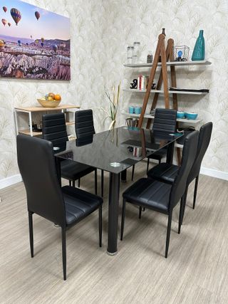 Mesa cristal 6 sillas blancas