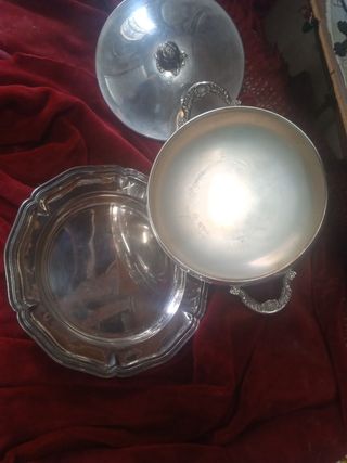 antigua, sopera de alpaca con su bandeja