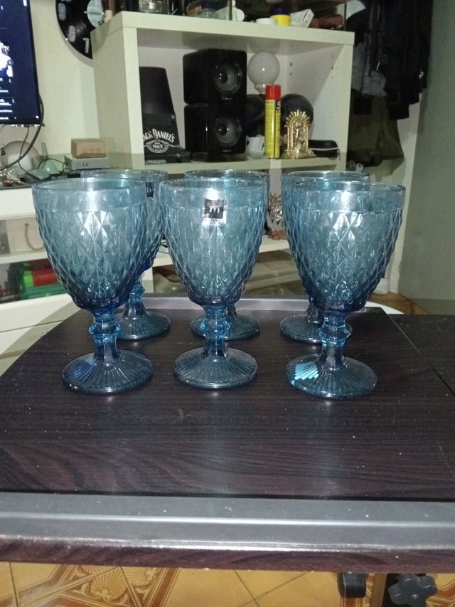 Juego 6 copas cristal azul