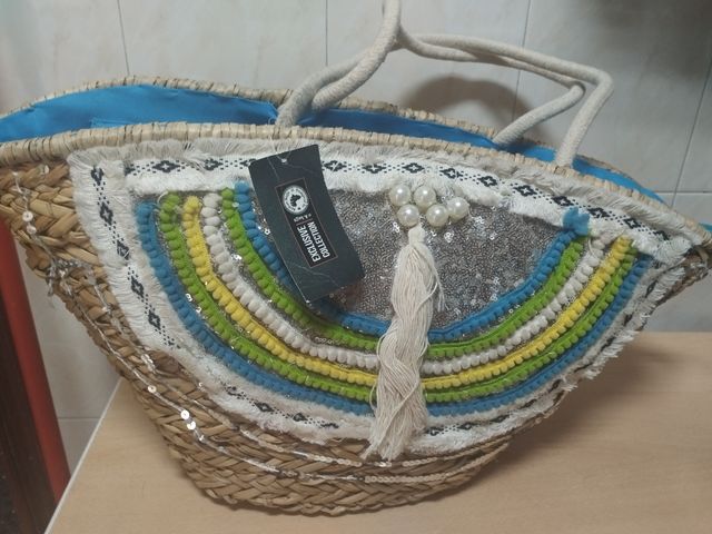 Capazo playa - Pompones lentejuelas