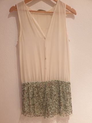 Mono Zara lentejuelas verde blanco M