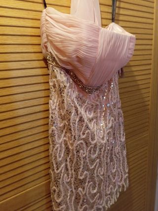 Vestido fiesta rosa y dorado. Exclusivo