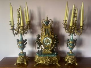 Reloj y candelabros Imperio - Bronce y Mármol