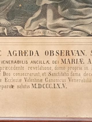 Litografía antigua virgen de agreda 1865 enmarcada