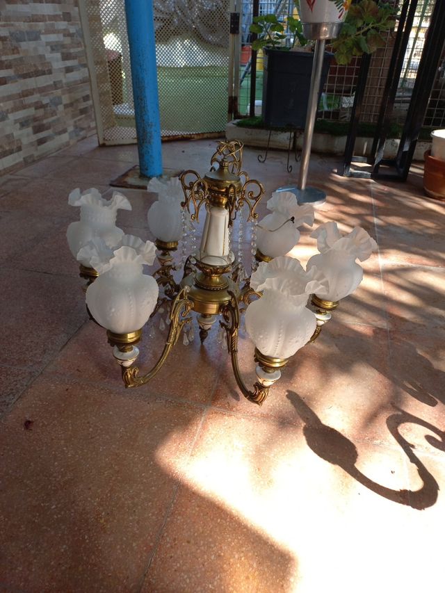 Araña bronce 6 tulipas cristal