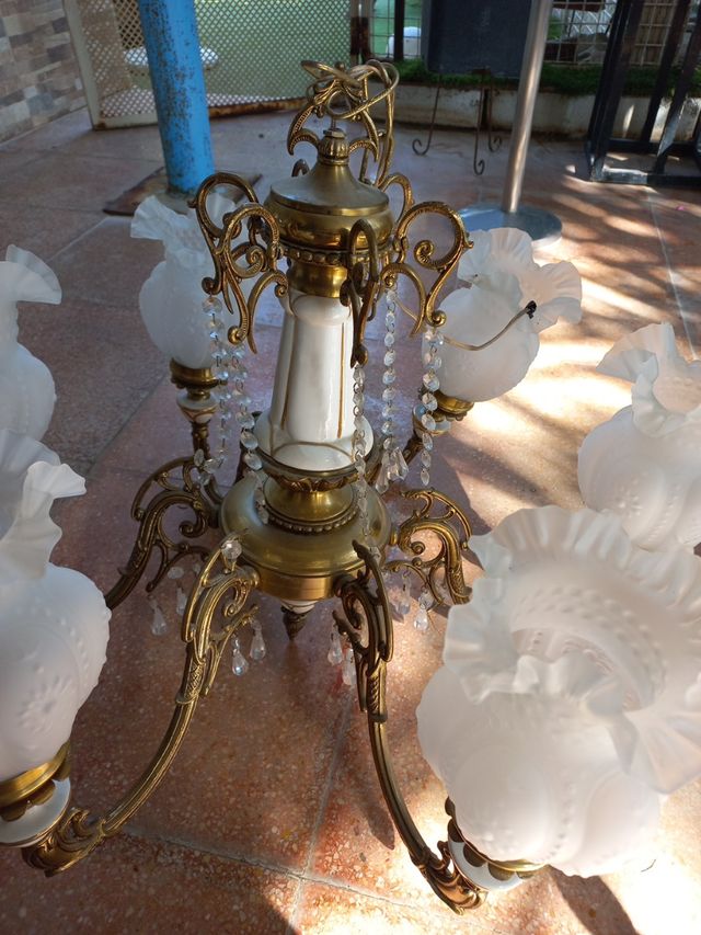 Araña bronce 6 tulipas cristal