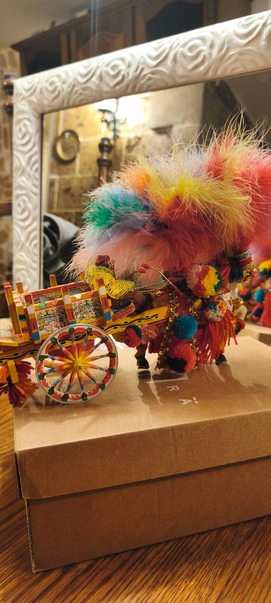 Carrettino legno cm 27  anni '70, cavallo colorato