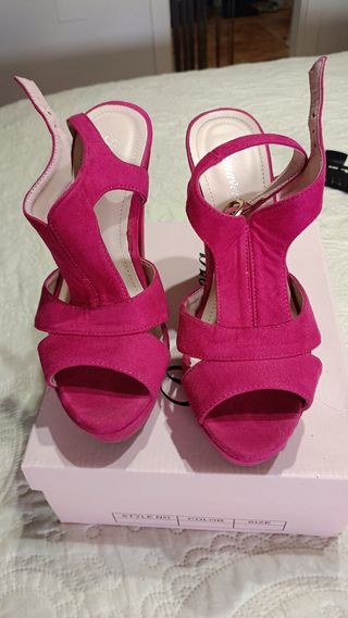 Zapatos tacón amarillo y rosa plataforma