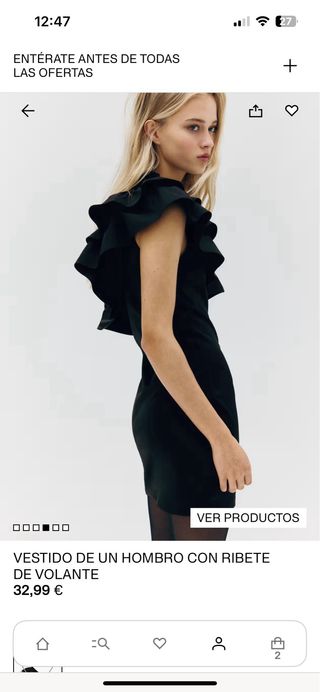 Vestido negro de hombro con ribete