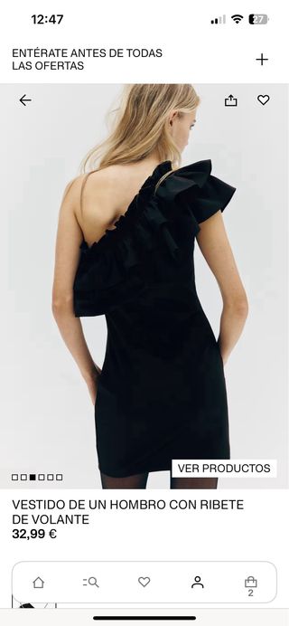 Vestido negro de hombro con ribete
