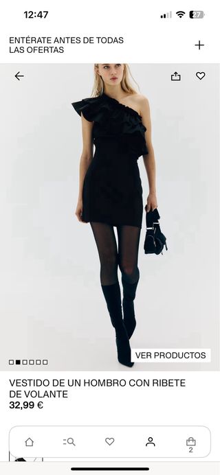 Vestido negro de hombro con ribete
