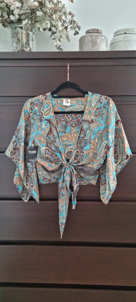 Blusa verano tela tipo cachemir turquesa, marrón.