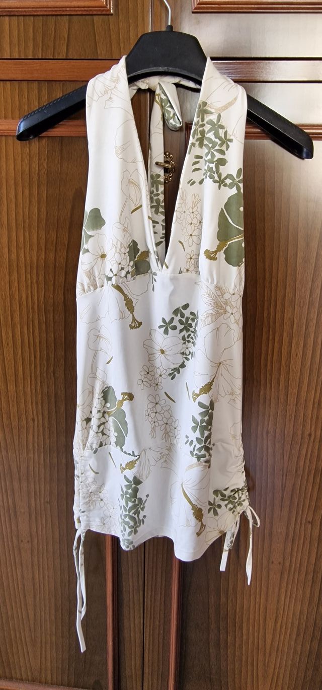 Top estivo schiena scoperta con fiori verde-oro