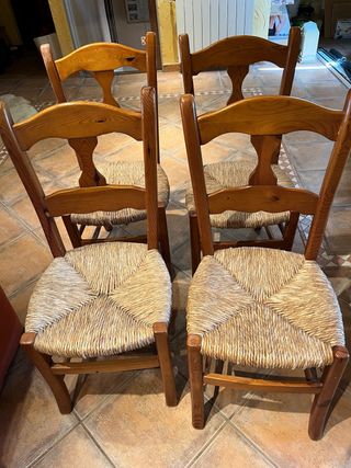 4 Sillas Madera de pino y mimbre rusticas