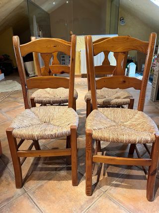 4 Sillas Madera de pino y mimbre rusticas