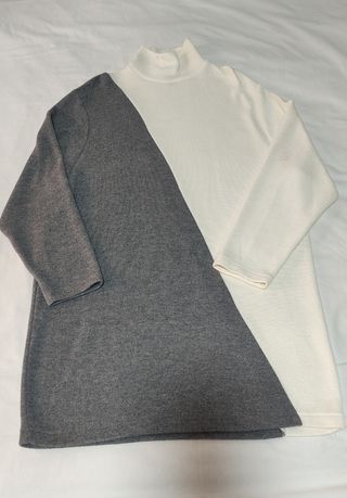 Vestido cuello alto beige y blanco