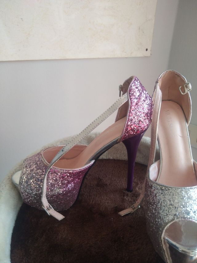 Sandali glitter rosa-argento, tacco 14