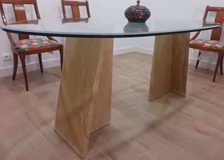 Mesa cristal + 6 sillas madera