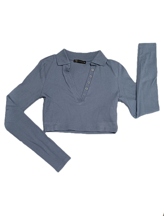 Top polo corto manga larga azul Zara