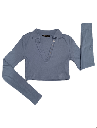 Top polo corto manga larga azul Zara