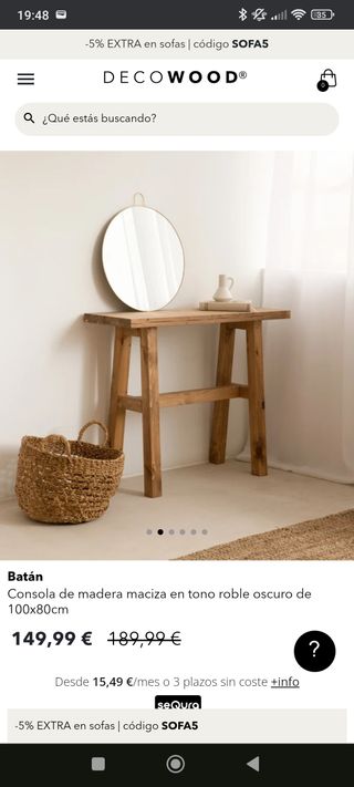 Mesa consola madera maciza 100x80x36cm