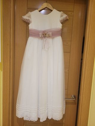 Vestido Comunión niña blanco-rosa más cancan 