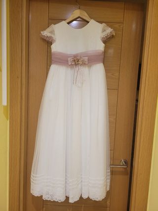 Vestido Comunión niña blanco-rosa más cancan 
