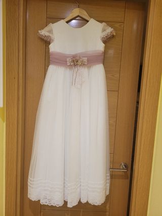 Vestido Comunión niña blanco-rosa más cancan 