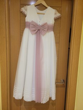 Vestido Comunión niña blanco-rosa más cancan 