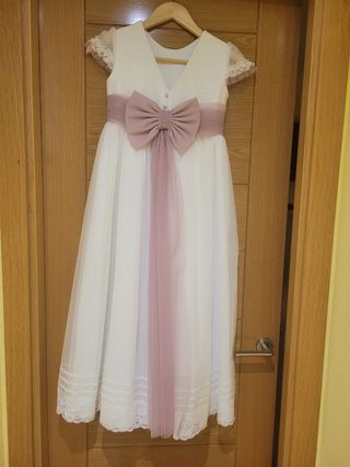 Vestido Comunión niña blanco-rosa más cancan 
