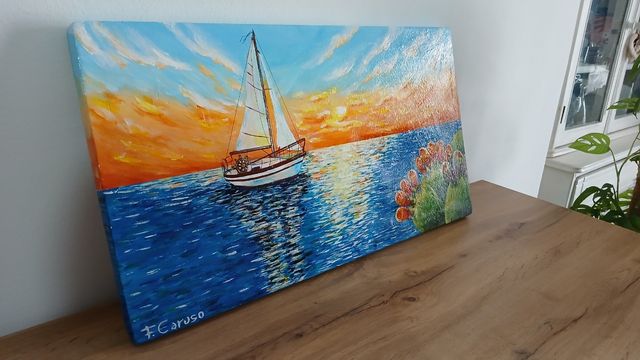 Quadro dipinto a mano tramonto in  barca a vela