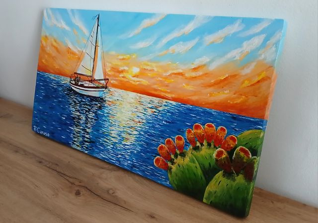 Quadro dipinto a mano tramonto in  barca a vela