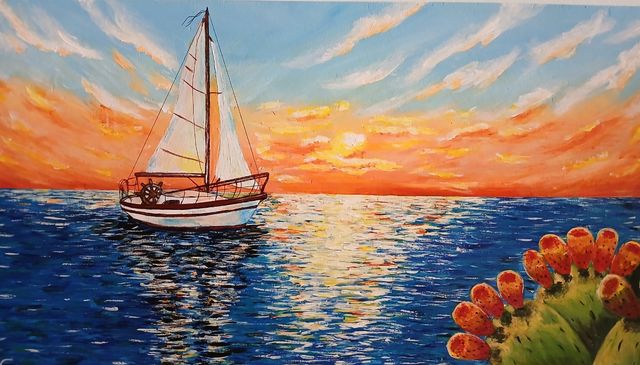 Quadro dipinto a mano tramonto in  barca a vela