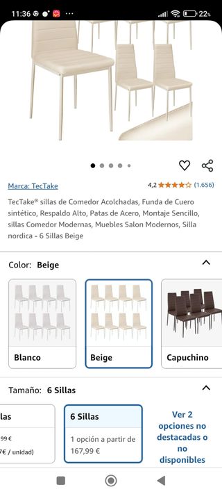 6 Sillas salon Comedor Beige cuero Sintético vidax