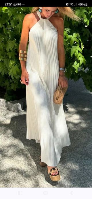 Vestido plisado Massimo Dutti blanco