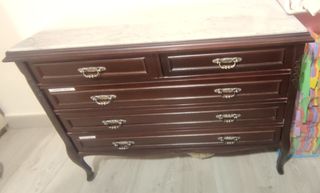 Cómoda antigua de mármol y madera con dos mesillas